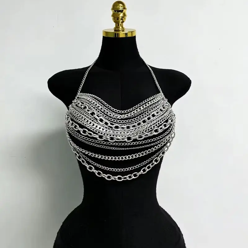 Modisches Metallketten-Quasten-Tanktop für Damen, sexy, hohl, durchsichtig, rückenfrei, Neckholder, bauchfreies Top, Rave-Festival-Party-Camisole