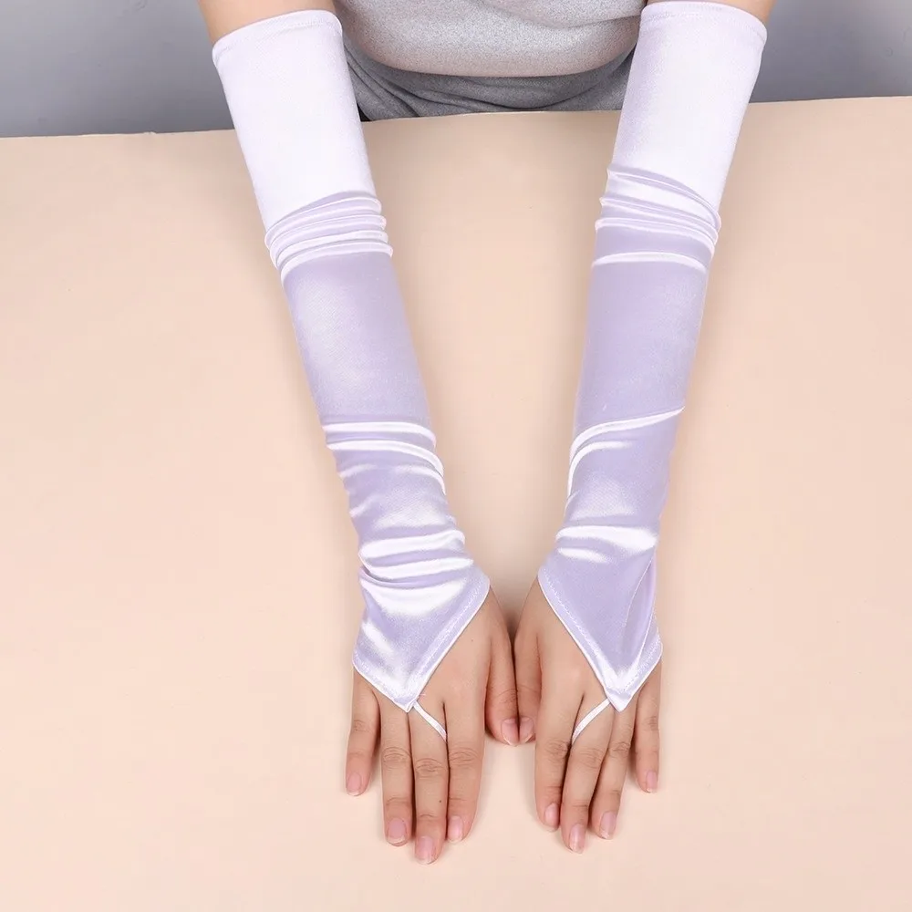 جديد 49 سنتيمتر قفازات نسائية الصلبة الرجعية الساتان هوك قفازات الاصبع مرحلة الأداء مرونة طويلة أصابع قفازات الزفاف العروس