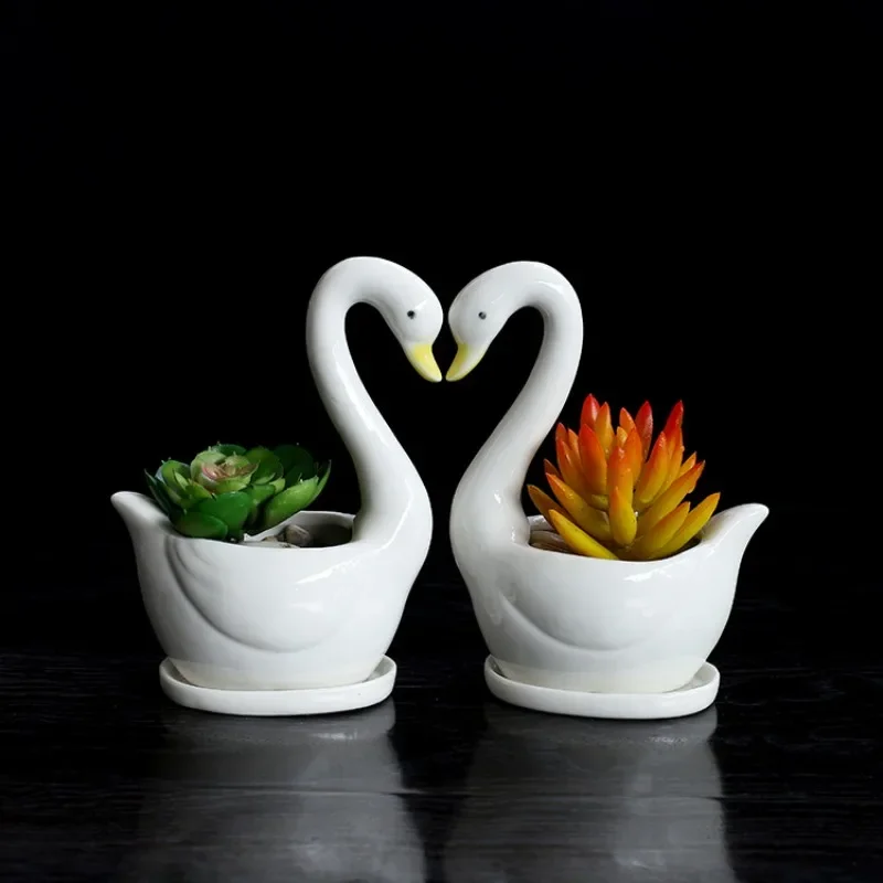 White Swan Ceramic Flower Pot Creative Mini Planter Office Home Desk Decor Succulent Plant Pot