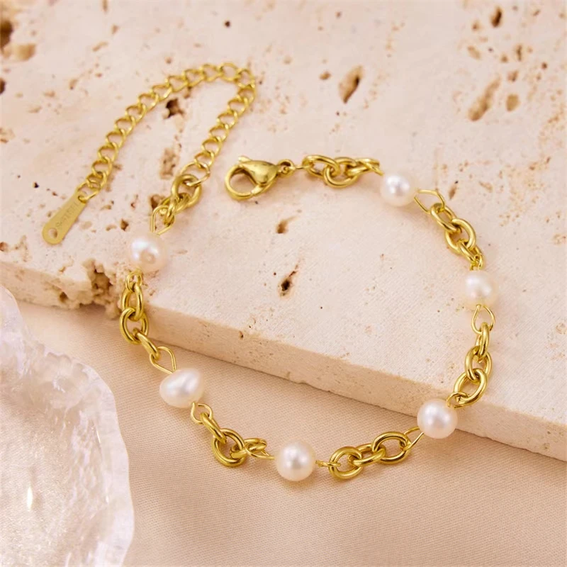 New Exquisite Niche Half Pearl Cable Chain Bracelet for Women 316L Stainless Steel Kpop Aestethic Trendy Jewelry