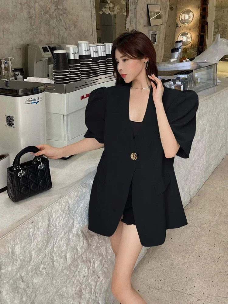 Luxury Designers Short Sleeves Blazer Women Bubble Sleeve Korean Fashion Coat Lined Chic Black Suit Summer Jacket Thin Top