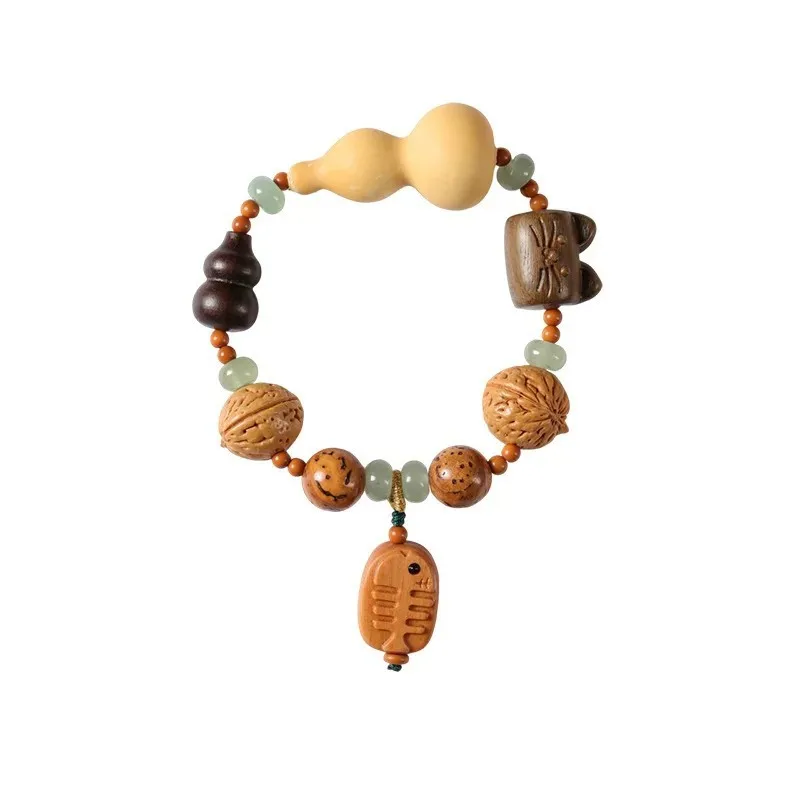New Chinese Style Sandalwood Lucky Charm Bracelet with Gourd & Fortune Sign Multi Gem Beaded Bracelet for Women Gifts