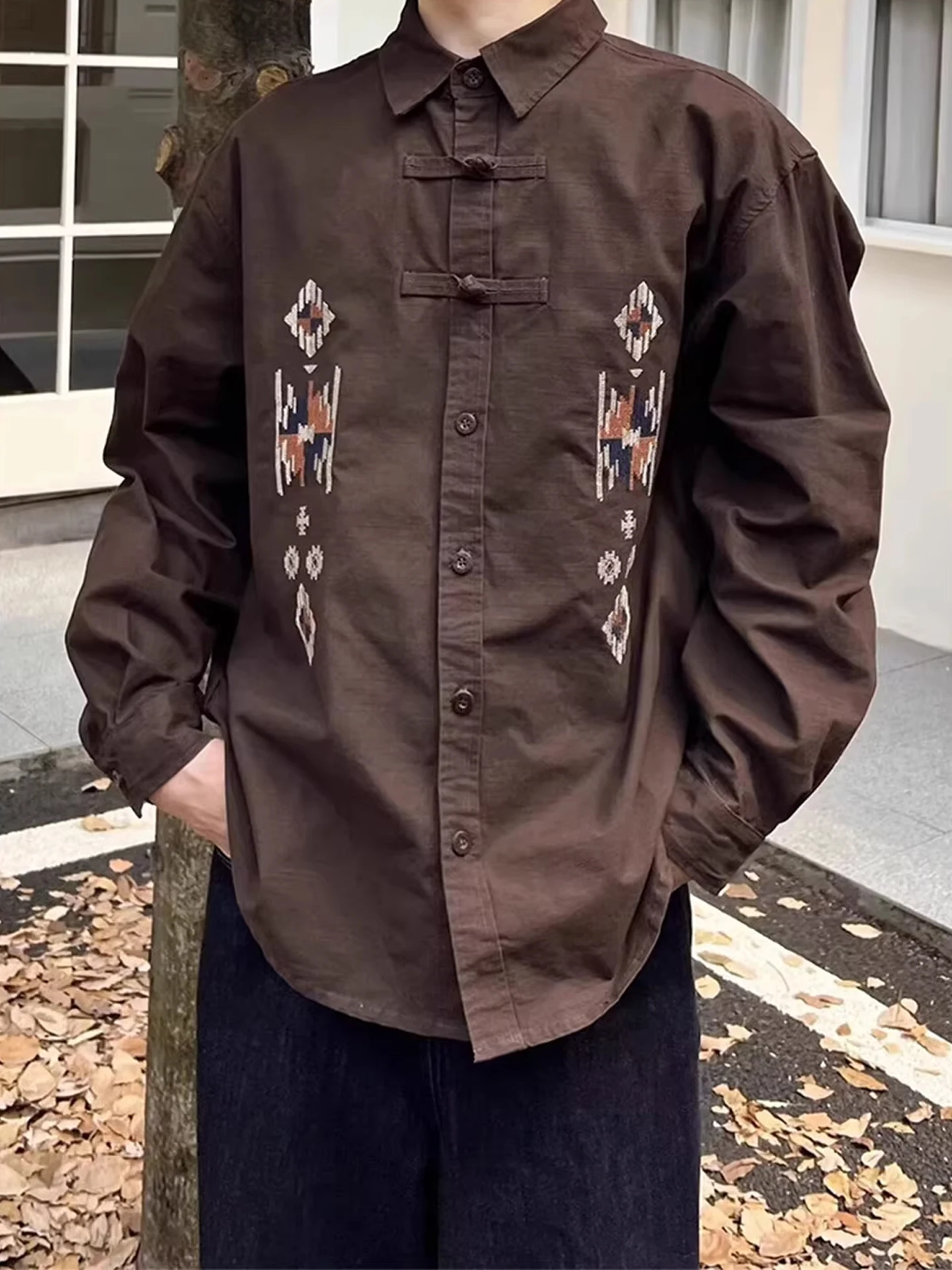 

Retro American Coffee Color Embroidered Long Sve irt Men's Cleanfit Design Button up Jaet Spring Season Loose Fit Yout...