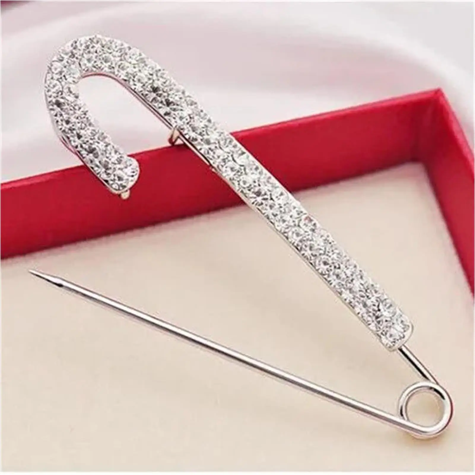 Silver Tone Rhinestone Safety Pin Silver Buckle Jewelry Large Brooch Luxurious Safety Clothing Pin for Scarf Women Shiny Fashion view 5