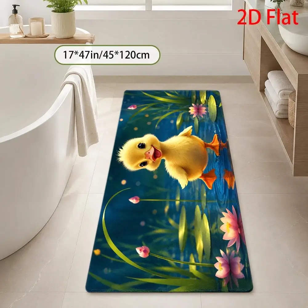 1pc, 2pcs, 3pcs, Cute Yellow Duckling Pond Scene Bath Rug Sets, Springtime Water Lily Bathroom Mat, Machine Washable Bath Mat