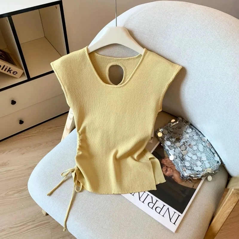 Klein Blue Drawstring Sleeveless T-shirt Women's Summer 2025 New Simple Beauty Back Hollow Out Ice Silk Knitted Top