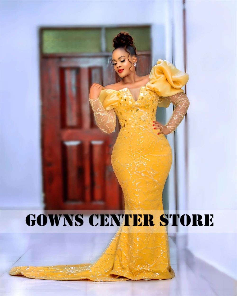 Gold Long Sleeve Aso Ebi Mermaid Evening Dresses African Wedding Dress Sequined Pieces Formal Dress Luxury Beaded Customized