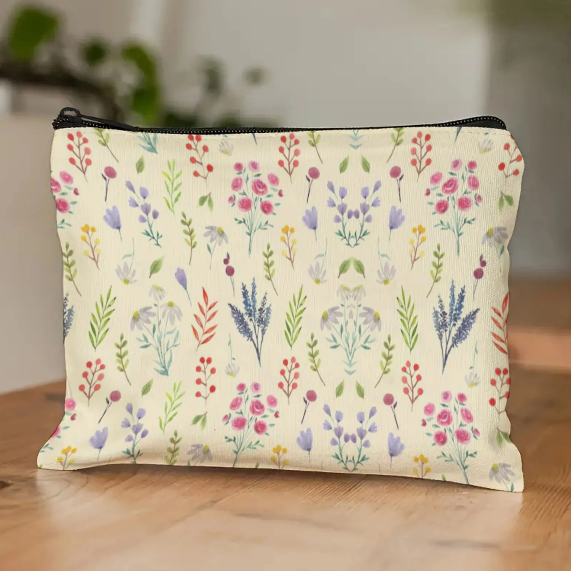 

Translucent Watercolor Floral Canvas Makeup Bag Blurred Petals in Soft Green & Lavender Matte Finish for Daily Nature Storage