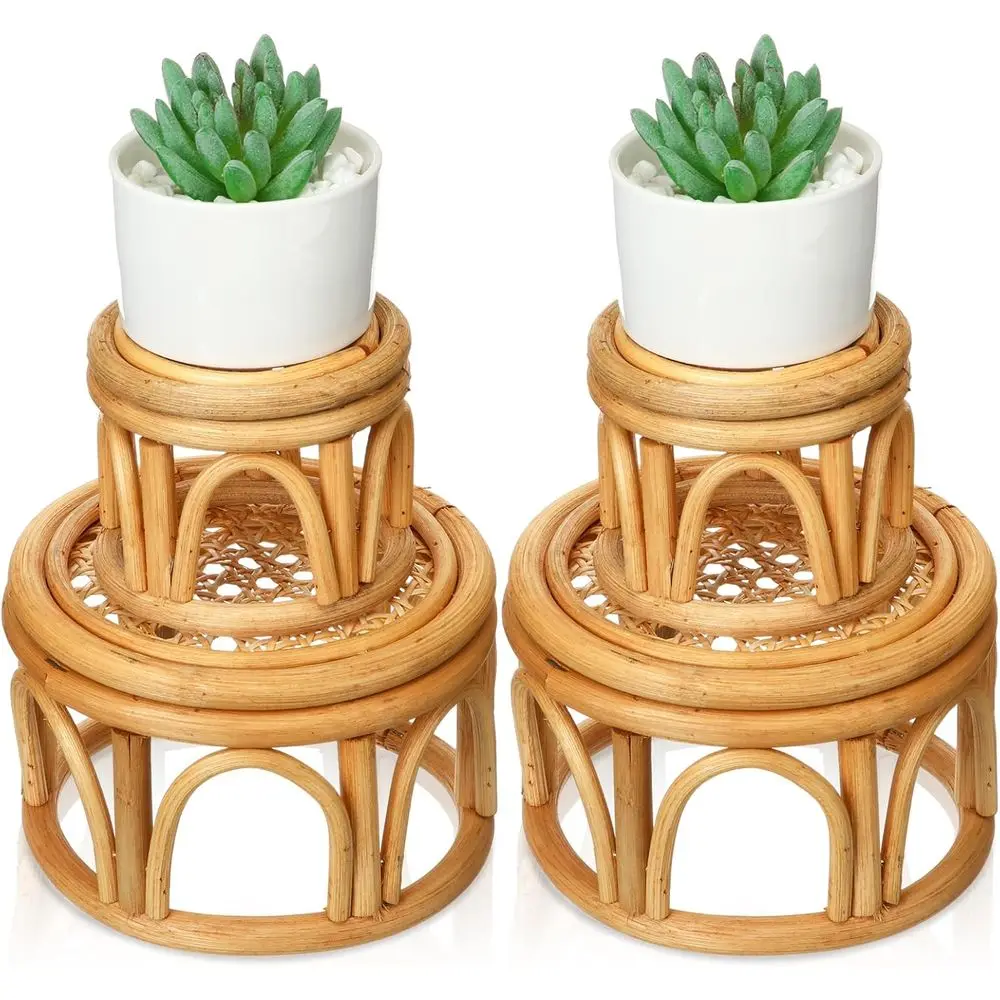 

Boho Rattan Plant Stand Woven Wicker Round Riser Stand Indoor Rustic Farmhouse Natural Circle Plant Pedestal Round Accent Center