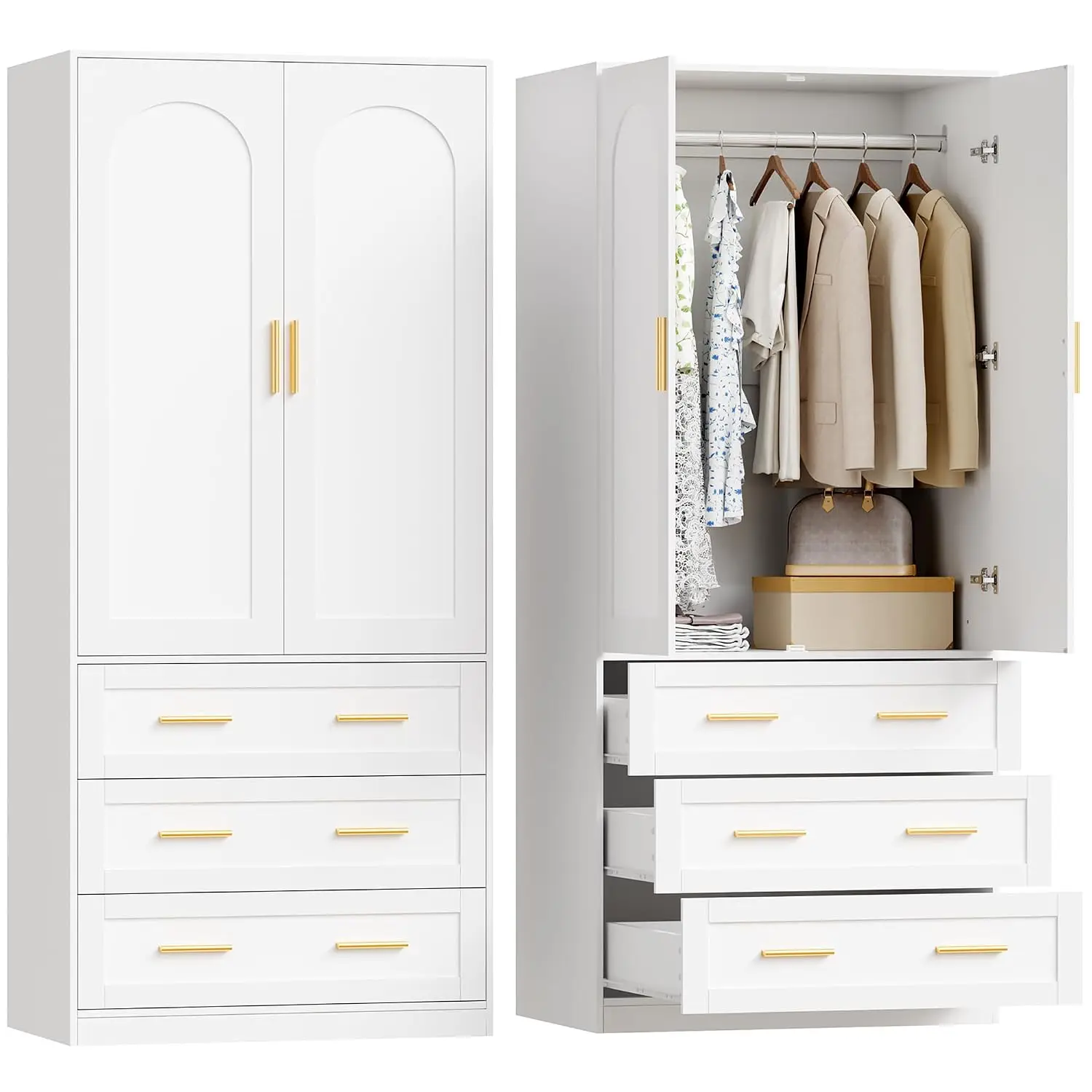Wooden Wardrobe with 3 Drawers & Hanging Rod, 2 Doors Freestanding Clothing Storage for Bedroom, 71