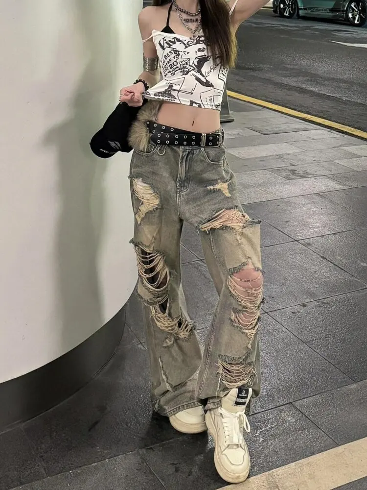 Retro American Street Style Faded Denim Jeans Men's Spring Summer Loose Wide Leg Floor-Length High Waist Tear Hole Jeans