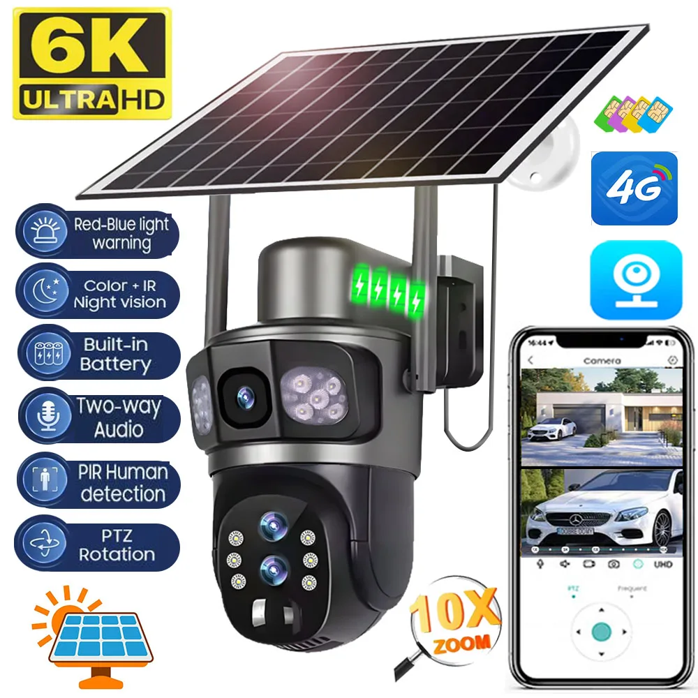 4G Sim Card Solar Camera 10X Zoom 6K 12MP Three Screen PTZ Outdoor Security Protection Wireless CCTV Built-in Battery Cameras