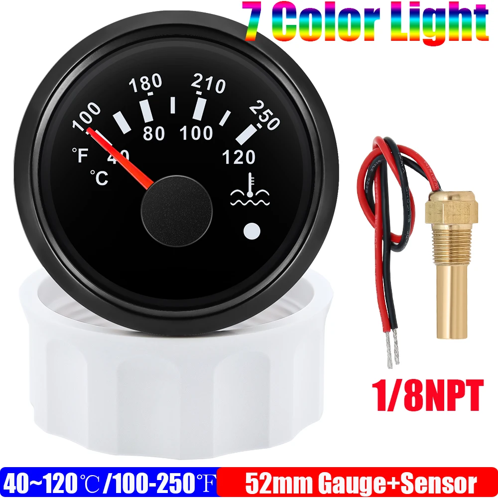 40~120℃,100~250℉ 52mm Water Temp Gauge+Sensor 1/8NPT 7 Color LED Water Temperature Meter Alarm Auto Car Marine Boat Motor 12V24V