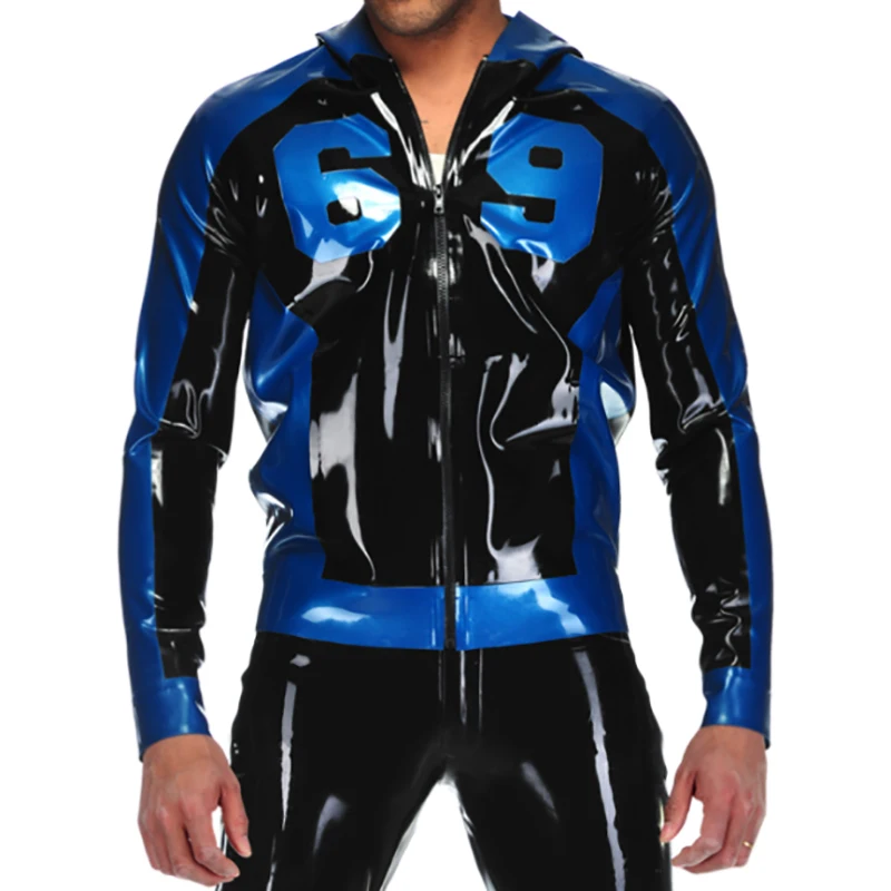 Black And Blue Trims Sexy Latex SKI Jacket With Hoodies Zipper At Front  Digit 69 Decoration Rubber Coat Top YF-0182 - AliExpress 200000532