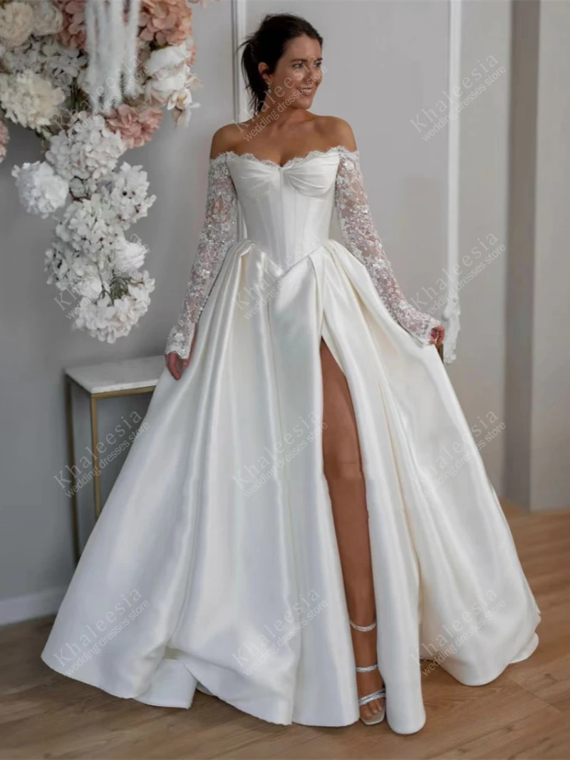 Modern Wedding Dresses A Line Bridal Gowns Satin Robes Off The Shoulder Dress Lace Appliques Vestidos De Novia Customized 2025