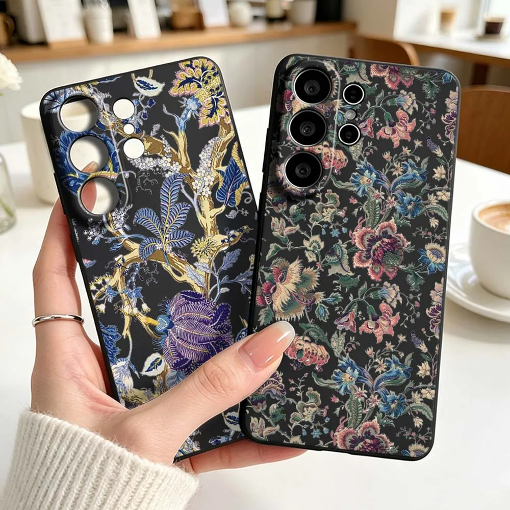 Purple Golden Flower Pattern Phone Case For Samsung Galaxy S26 S25 S24 S23 S22 S21 S20 Pro Ultra Plus FE Black Silicone Cover