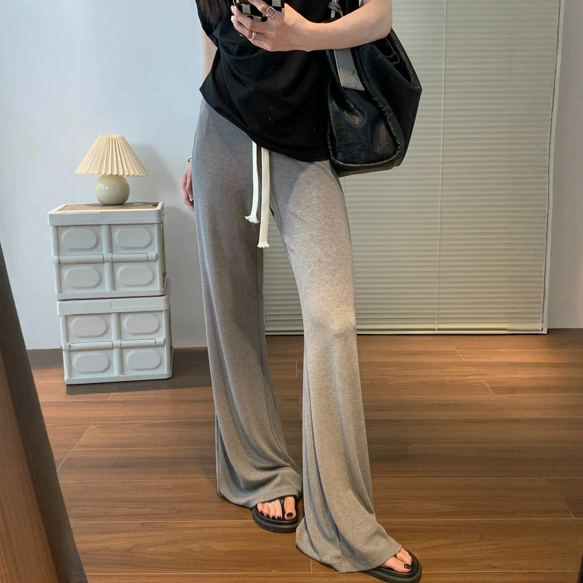 Grey Micro-flare Pants for Women Thin Style for Spring and Summer, 2026 New Style High Waist Cool Feeling Draping Pants Slimming