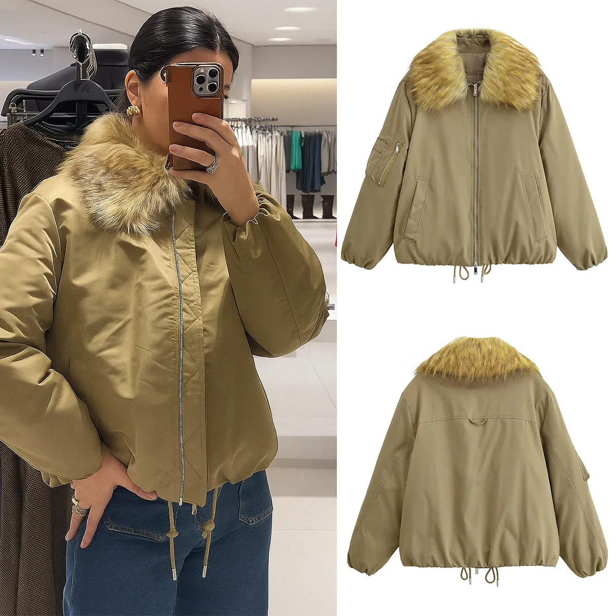 

Casual Women's Pilot Jacket Fall Casual Loose Turn-down Collar Removable Fur Collar Coat Cotton Padded Zippered Pockets Outwear
