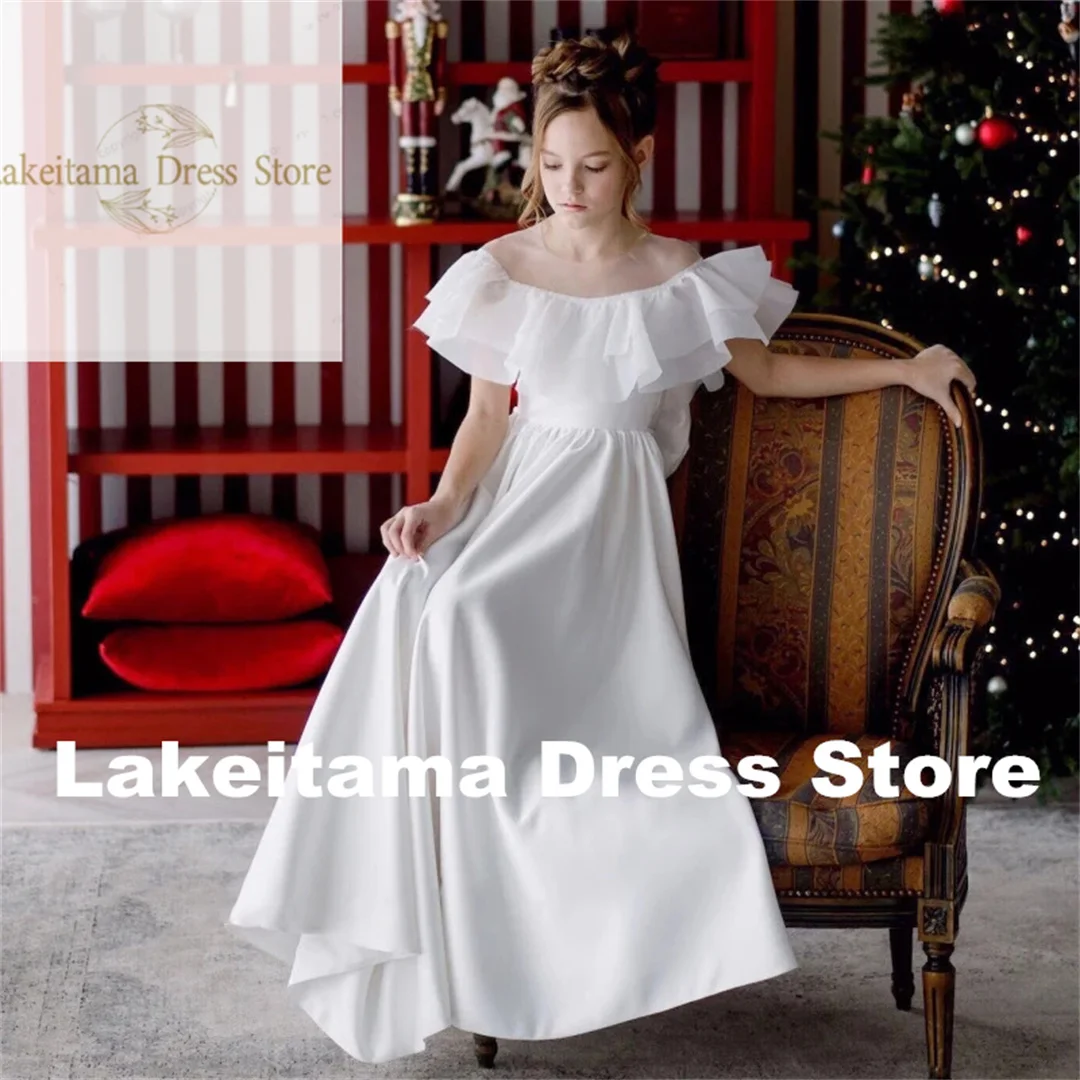 

Customization Satin With Bow Short Sleeve Flower Girl Dresses For Wedding Birthday Party First Communion Gowns