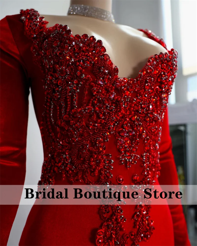 Luxury Red Diamonds Prom Dress 2024 Long Sleeves Beading Crystals Rhinestones Wedding Reception Birthday Party Evening Gown