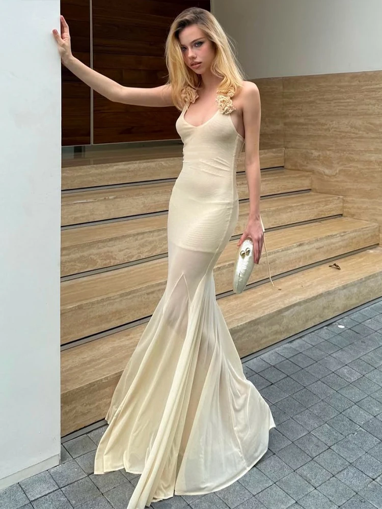 

Whatiwear Mesh Patchwork Sexy Maxi Dress Women Bandage Halter Applique Low-Neck Backless Summer Vacation Trend Elegant Vestidos