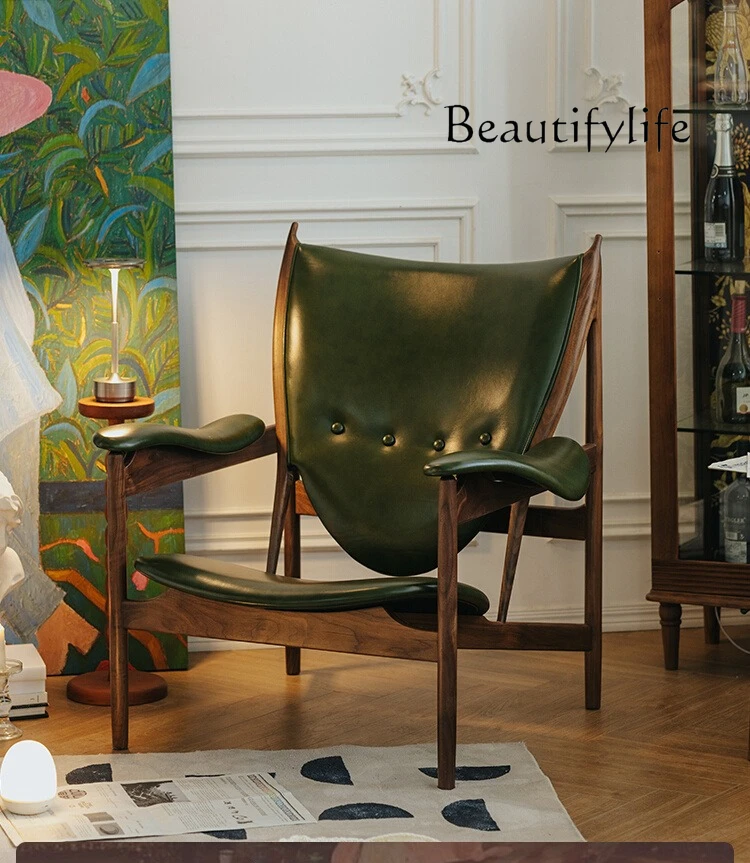 

Oil wax leather black walnut single sofa chair living room balcony genuine leather medieval casual fashion designer