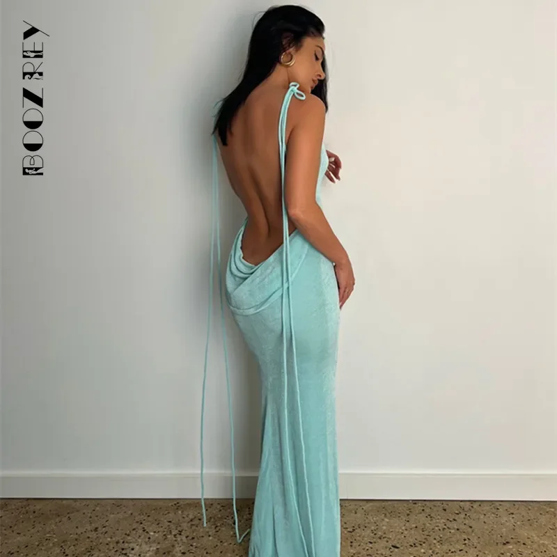 

BoozRey Halter Sexy Backless Draped Maxi Dress for Women 2022 Summer Elegant Fashion Party Long Straps Shift Dresses Clothes