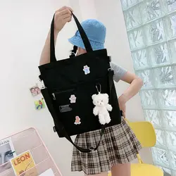 Women's Bag Shopper Fashion Zipper Handbags with Bear Pendant Nylon Waterproof Crossbody Large Capacity Tote Shoulder Bags