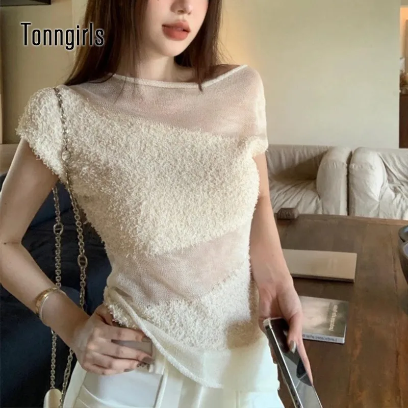 

Tonngirls Vintage T Shirt Women Knit Patchwork See Through Y2k Retro Crop Tops Irregual Streetwear 2000s Korean Style Tshirts