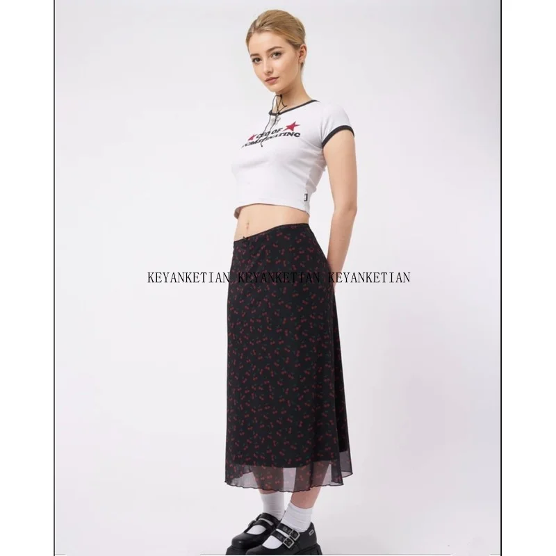 KEYANKETIAN 2025 Spring New Y2K Vintage Animal Fruit Print Mesh Skirt Bow Lace Elastic Waist Women Slim Tulle A Line MIDI Skirt