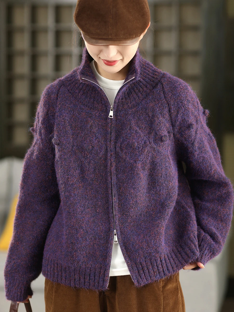 

Утепленный шерстяной вязаный кардиган женский зимний модный с цветочным узором из альпаки, свитер с двойной молнией, теплый, из пряжи, зимнее пальто