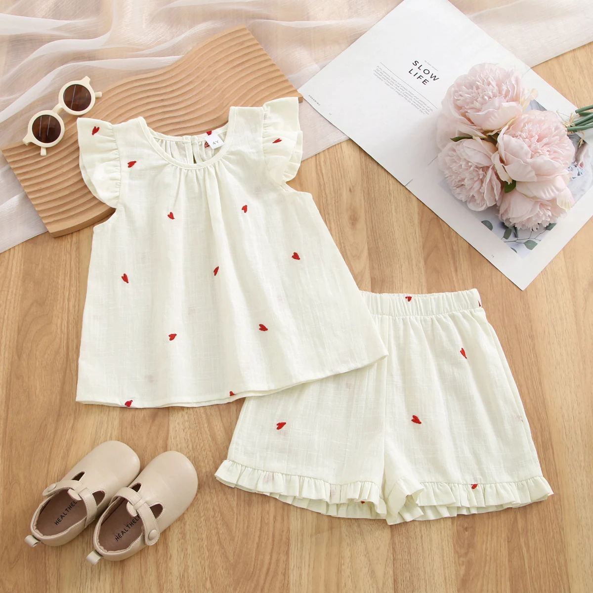 Girls Clothing Sets Love Embroidered Flying Sleeve Tank Top+Shorts 2-piece  Kids Clothes Suit