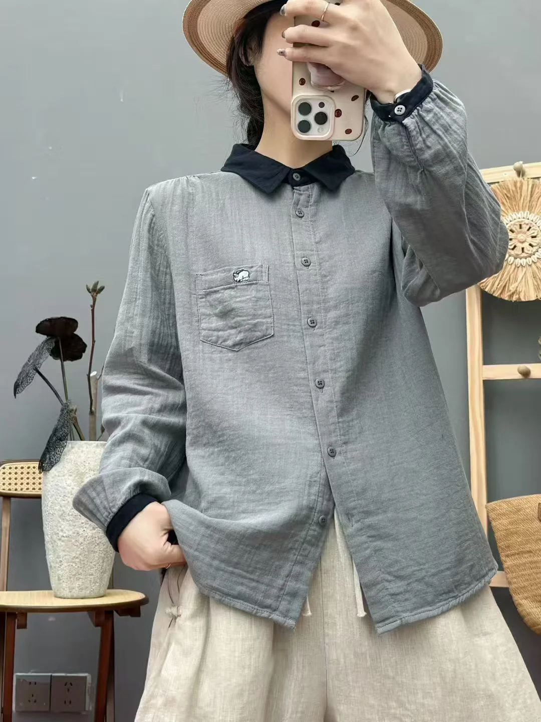 غزل القطن الخالص المرأة قمصان أنيقة مكتب ارتداء امرأة الخريف الشتاء الأصلي الأبيض الوردي الرمادي بلوزات طويلة الأكمام