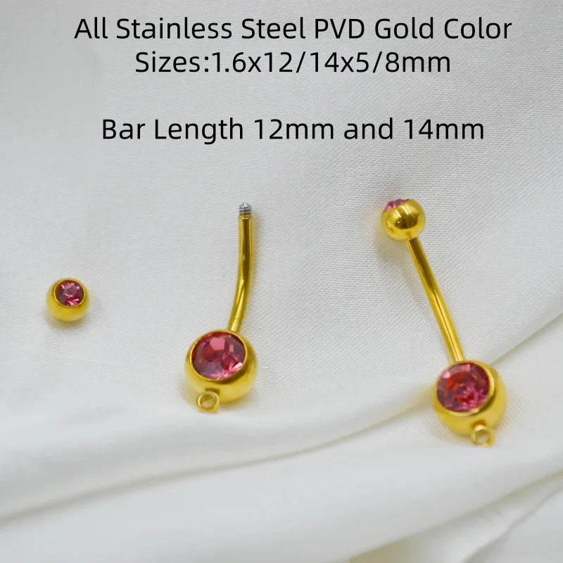 50pcs Body Jewelry Long Bar Navel Rings Belly Button Bar Navel Piercing + Circle DIY Jewelry  PVD Gold Color 14GX12/14mm