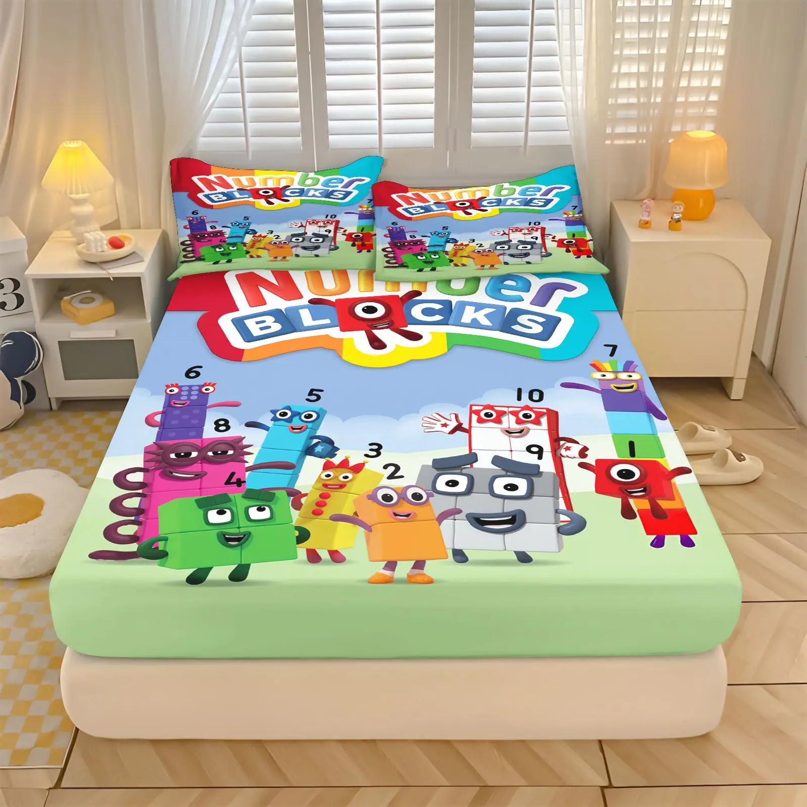 Numberblocks Fitted Sheet 3pcs Bedding Set Cute Educational Cartoon Number Print Elastic Mattress Cover for Children Boys Girls