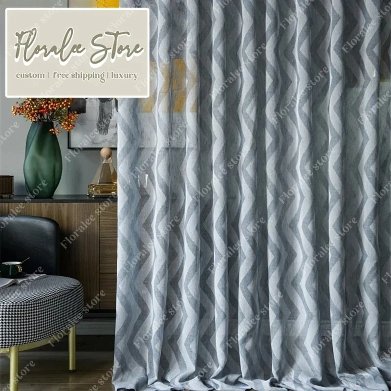 European Modern Minimalist Semi-Blackout Blue Grey Curtains For Living Room Bedroom Dining Hall Simple Decor Custom Size Tulle