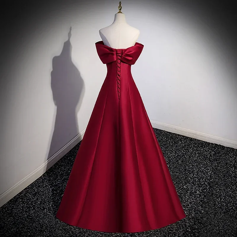 Evening Dresses Burgundy Shiny Satin Off the Shoulder Lace up Pleat A-line Floor Length Plus size Women Party Formal Gown