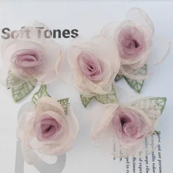 5Pcs/Lot Mesh Rose Yarn Silk Flower Patches With Leaves Handmade 3D Flower Hair Clip DIY Clothing Accessories