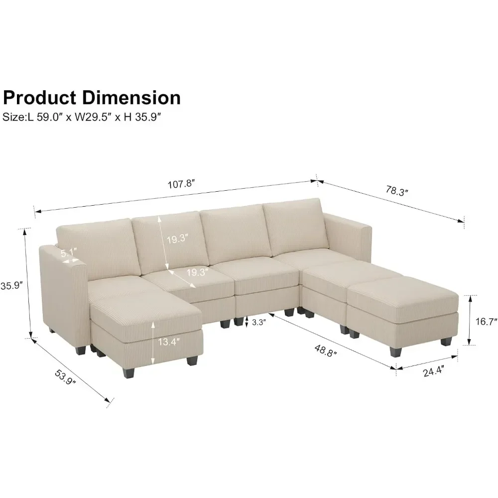 Modular Sectional Couch with Storage Ottoman U Shaped Corduroy Sectional Sofa with Chaise Convertible Modern Sectional Sofa