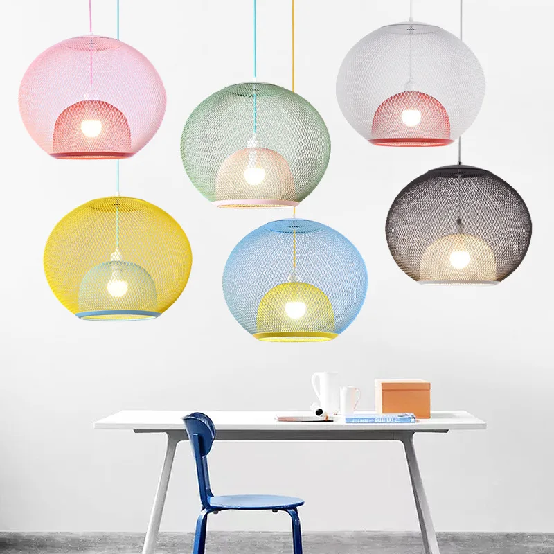 Nordic Simple Iron Mesh Pendant Lamp Coffee Shop Creative Restaurant Macaron Double-layer Birdcage Chandelier Art Decor Lighting