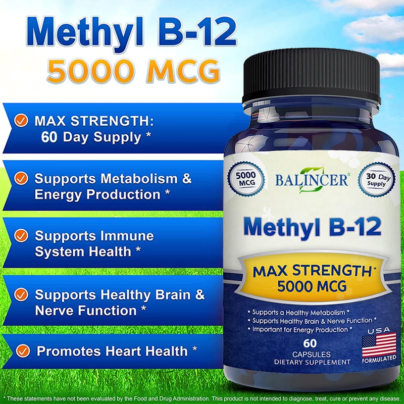 Vitamina B12 Suplemento Energético, 5000 MCG, Cognição, Suporte do Sistema Principal, Não-OGM