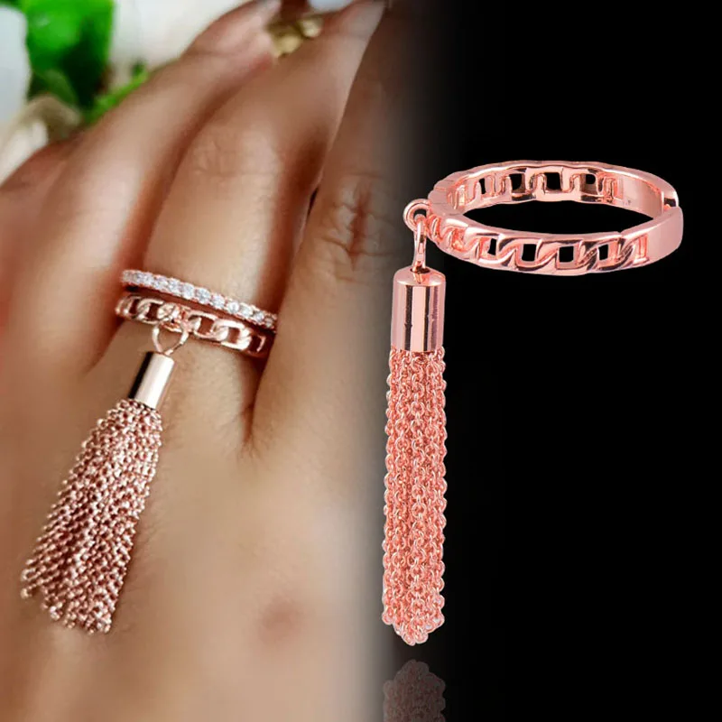 SINLEERY Punk Cool Tassels Drop Pendant Rings For Women Rose Gold Color Open Ring Fashion Wedding Accessories Jewelry JZ628