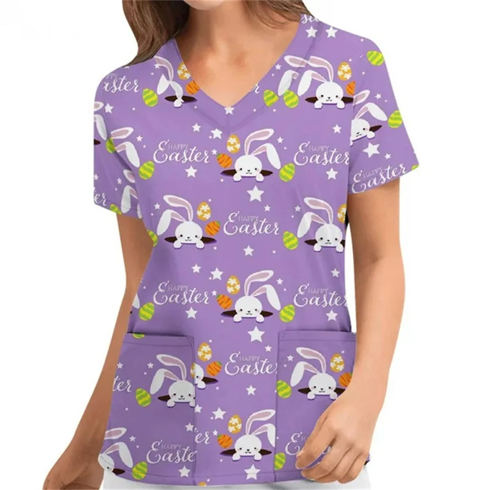 

Women Cartoon Rabbit Print V-Neck Patched Pocket Medical Uniforms Nursing Short Sleeve Tops Nursing Uniforms For Women