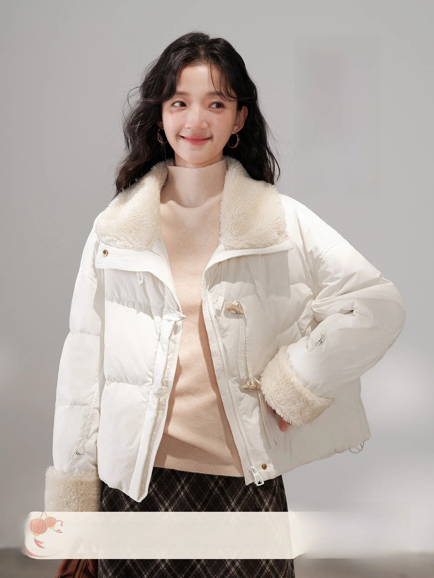 

Ele ort Women's down Jaet Lamb Fur Collar Button Design Winter Warm Faion Outerwear by Mu Easy