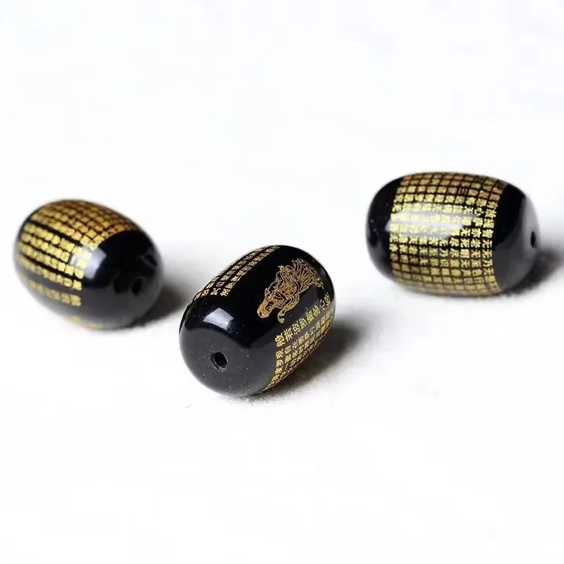 Natural Red Black Yellow Agate Lettering Gilding Guanyin Heart Sutra Spacer Beads Barrel Loose Buddhist