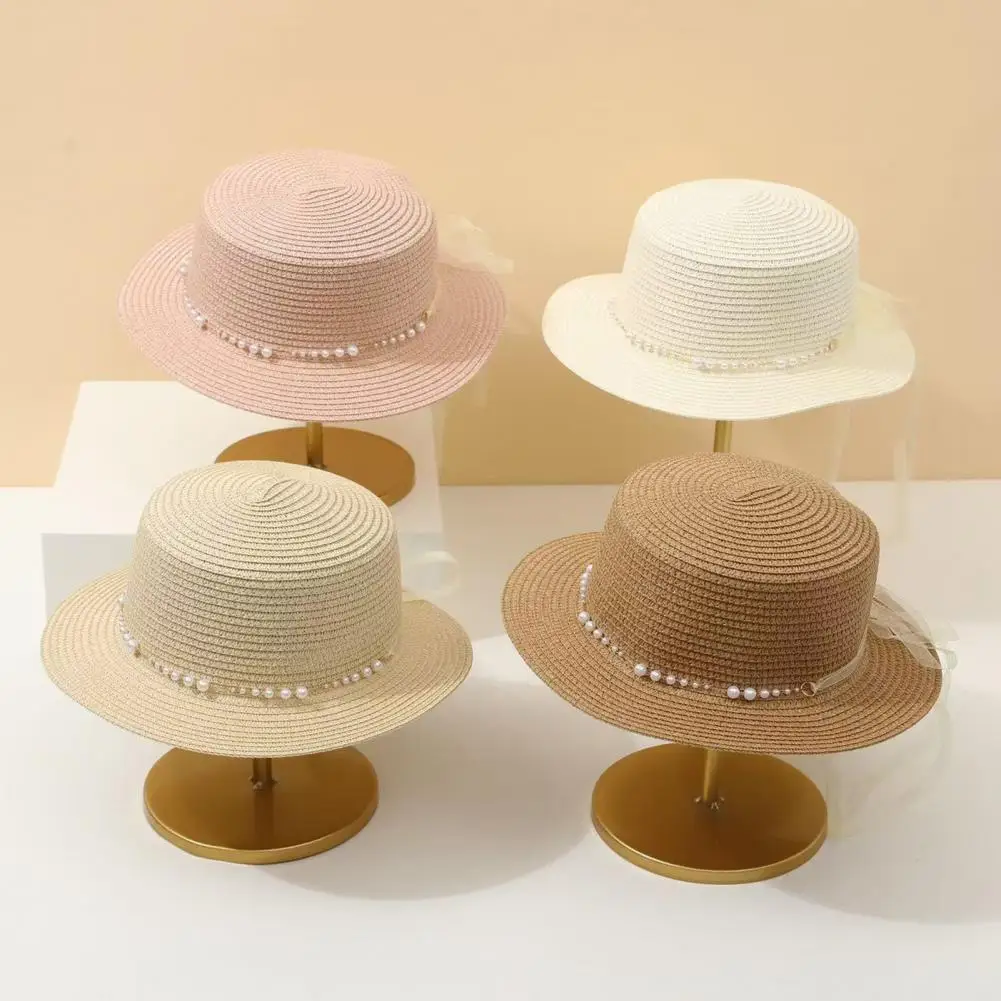 

Beach Hat Wide Brim Flat Top Imitation Pearls Trim Tulle Bow Decor Straw Hat Lightweight Breathable Sun Protection Hat Summer