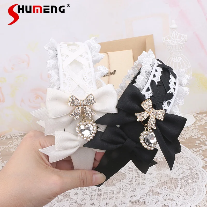 

Japanese Handmade Sweet Cute Hair Accessories Lace Splicing Diamond Bow Heart Pendant Versatile Lolita Headbands Women Headwears