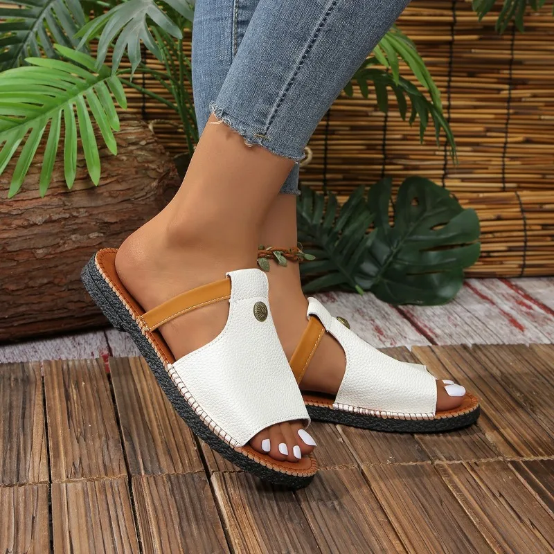 وصل حديثًا لصيف 2025 شباشب غير رسمية ذات لون سادة مفتوحة من الأمام مريحة مانعة للانزلاق صنادل نسائية بكعب منخفض Жеanskaya Оbuvai #4