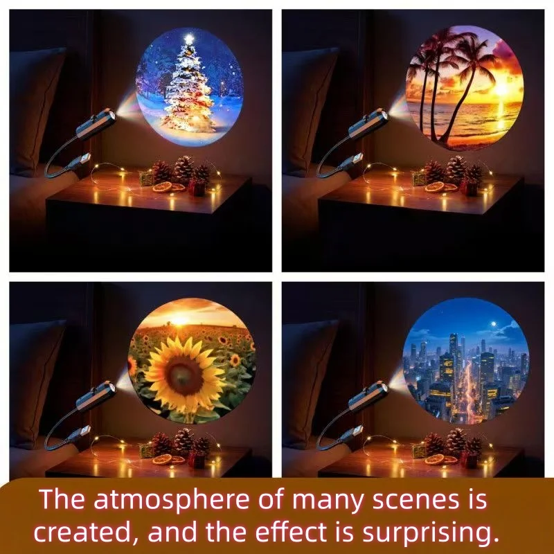 Scenery, Sunset, Earth, Moon, Christmas Tree 8-Picture Projection Lamp USB Powered Led Projection Night Lamp Bedroom Decorative