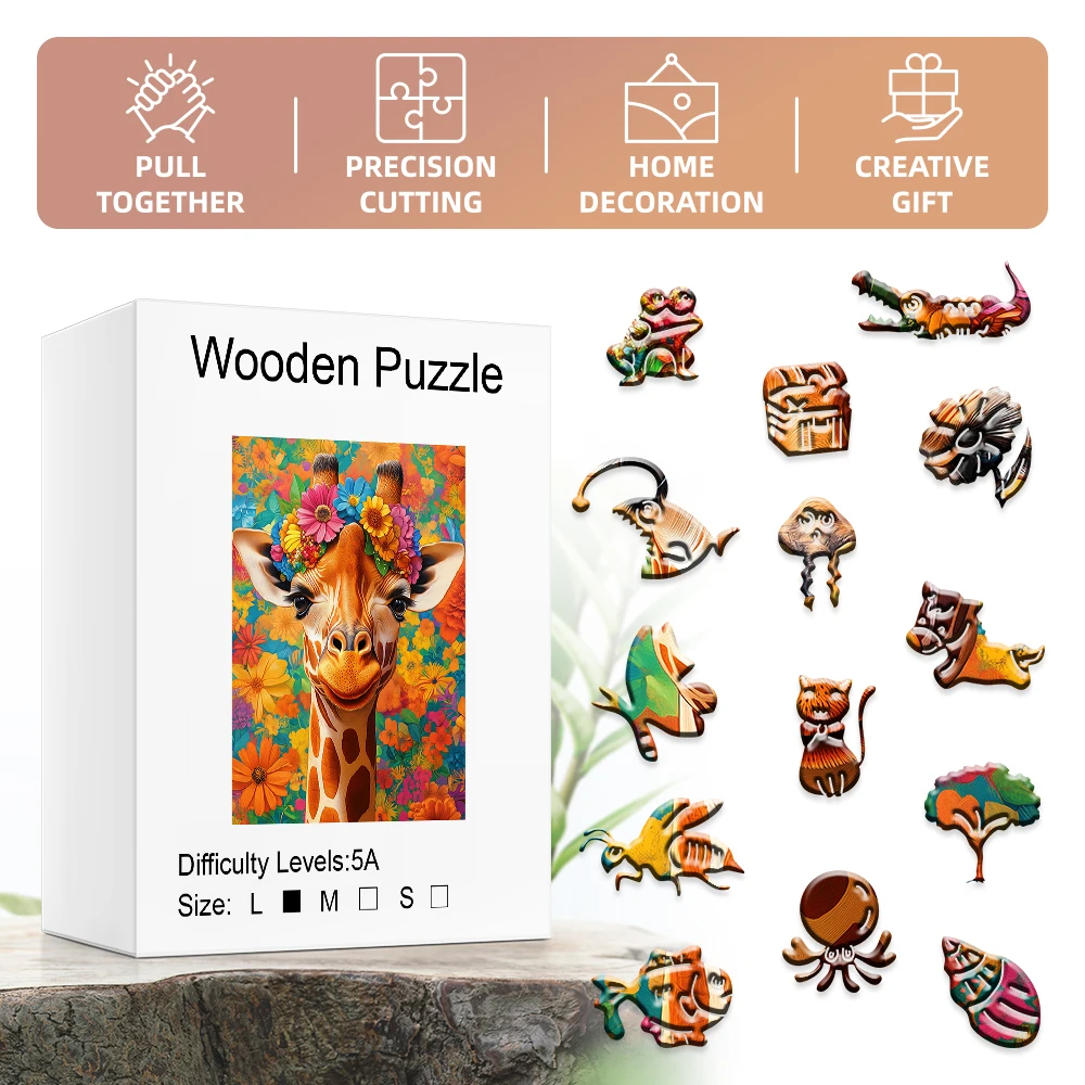 독특한 모양의 나무 직소 퍼즐 - 꽃무늬 기린 디자인, 성인 및 어린이 가족 게임, 아버지의 날을 위한 이상적인 선물